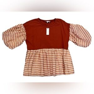NWT English Factory Gingham Rust Peplum Top, Large